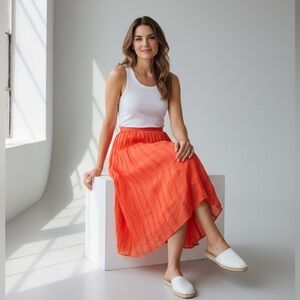 NIC + ZOE Skirt Peach Pink Pleated Crinkle Flare Full Orange Spring Summer